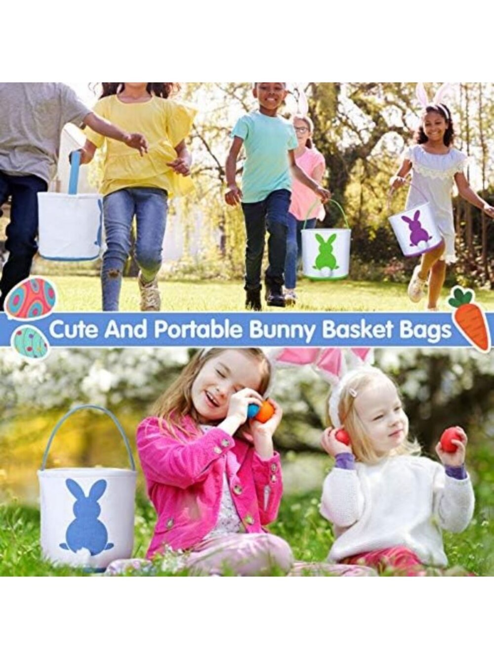 Easter Bunny Basket Bags - 6 Pcs Canvas Rabbit Totes for Egg Hunts & Gifts - Picture 3 of 6